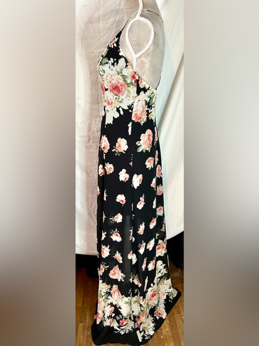 Lulus Black, Light Pink Floral Cross-Back Sheer Overlay Maxi Dress, Size S - Picture 8 of 15